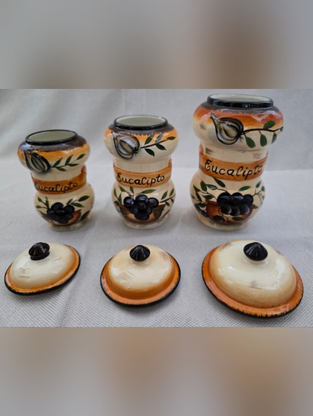 6 Piece Vintage Eucalipto Garlic & Olive Motif Ceramic Canister Set - NIB